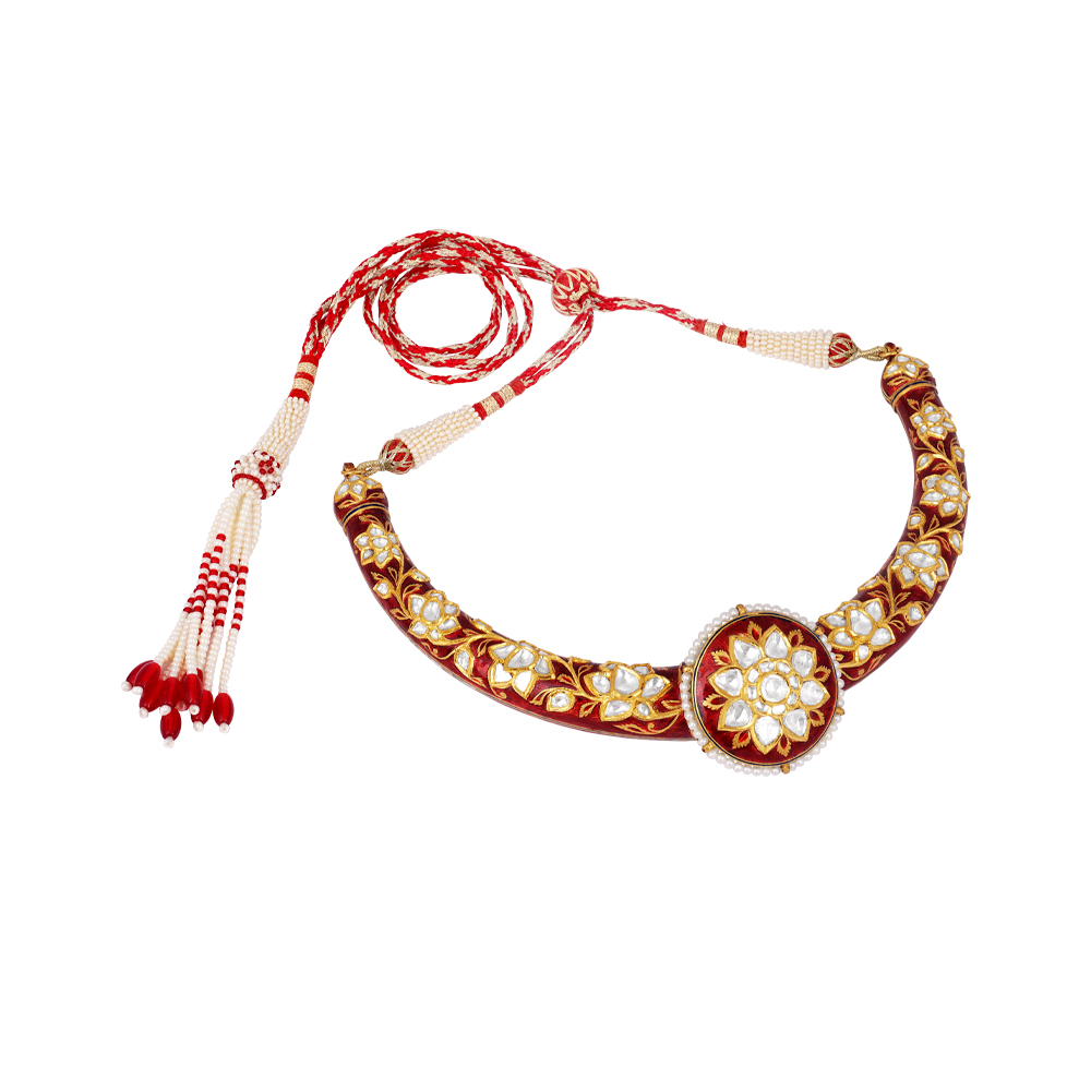 Hasli Necklace with Red Meena, Polki, and Central Floral Medallion